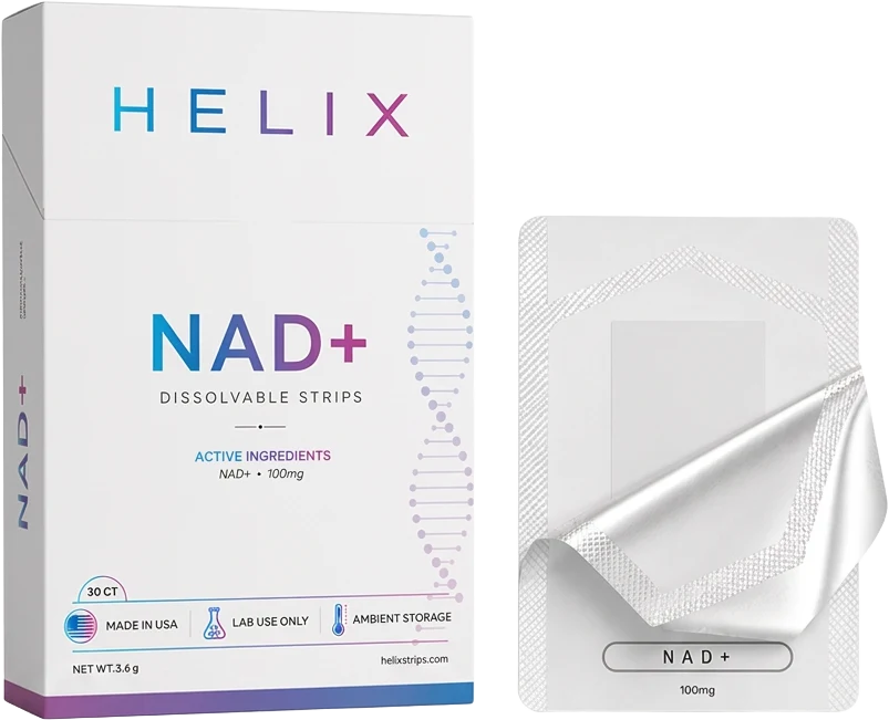 HELIX NAD+ dissolvable strips box beside a sealed sachet